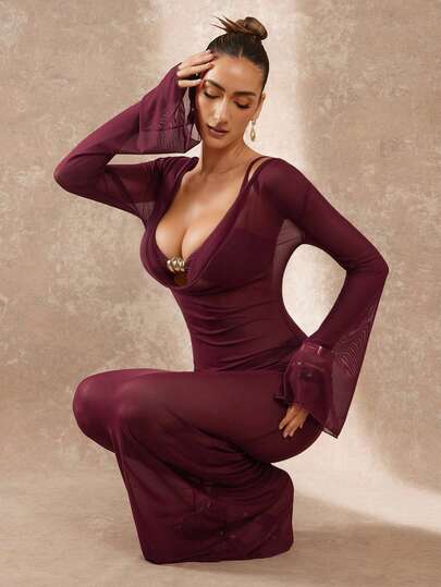 Lumalex New Swimwear Collection Elegant Burgundy Mesh Maxi Dress With Deep Draped V-Neckline Long Flared Sleeves Sheer Lightweight Fabric And Fluid Body-Skimming Silhouette, Beach Cover Ups, Spring Summer Swimsuit Swimwear Swim Vacation Bohemian BOHO Sea Beach Hot Outdoor Richly Layered Wedding Season Banquet Coming Of Age Ceremony Beach Seaside Festival Old Money Wedding Engagement Coming Of Age Ceremony Women's Luxury Party Floral Print Dress, New Year's Outfits, Cancun Holiday, Ideal For Spring Summer Swimsuit Swimwear Swim Vacation Bohemian BOHO Sea Beach Hot Outdoor Richly Layered Wedding Season Banquet Coming Of Age Ceremony Beach Seaside Festival, Valentine's Day, Vacation Beach Dress