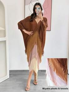 Al Najma Đầm phối màu be tay lửng cổ chữ V xếp ly tua rua dành cho nữ - màu nâu - Xem 8