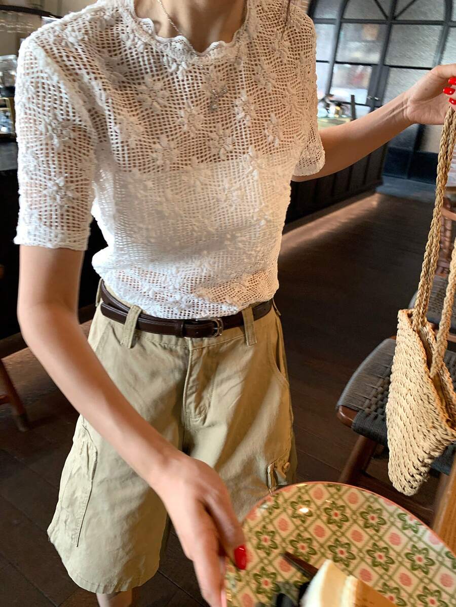 DAZY Women's Hollow Mesh Crochet Lace Short Sleeve Blouse Top - White - View 1