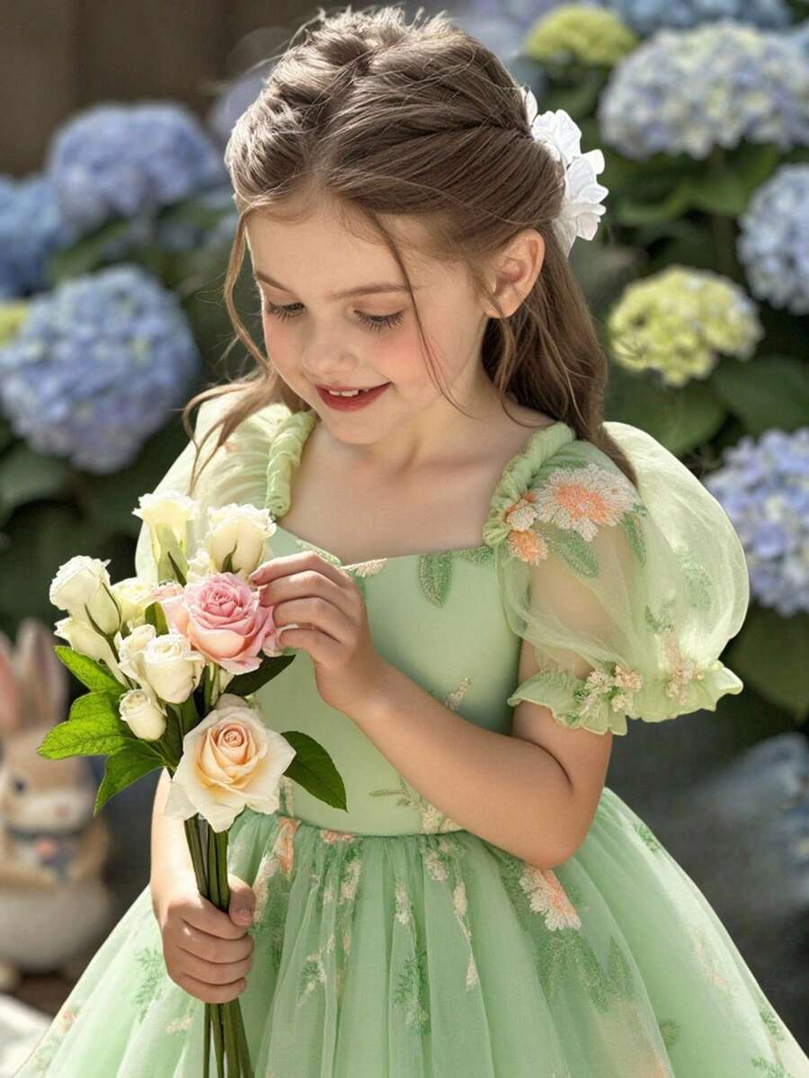 Glamorique Kids 花童、生日派对、婚礼、节日礼服,女童公主风花卉网纱连衣裙,适合派对或特殊场合,泡泡袖,优雅正式礼服,可爱美丽,四季皆宜 - 綠色 - 查看 1