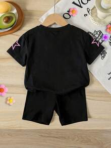 SHEIN 2pcs Baby Girl Knitted Crew Neck Cute Girl Pattern Casual T-Shirt And Shorts Set - Multicolor - View 2