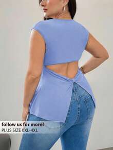 Firerie Plus Size Women Casual Hollow Back T-Shirt, Suitable For Vacation - Blue - View 1