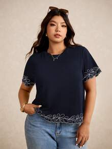 Elaquor 大码女式圆领拼接花卉刺绣短袖休闲T恤 - 藏蓝色 - 查看 1