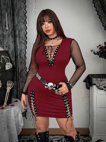 Whyspr Robe à manches longues pour femmes grandes tailles, style punk sombre, coupe slim, décolleté en V avec laçage croisé et œillets, patchwork en maille sexy. Convient pour les sorties quotidiennes, la tenue de Thanksgiving, le bal de promo, la Saint-Valentin, les concerts, les festivals de musique, les vacances, le printemps/l'été/l'automne - Rouge foncé - Voir 4