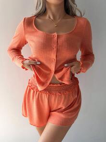 DAZY Vibrant Orange Jacquard Knit Women Pajama Set - Orange - View 1