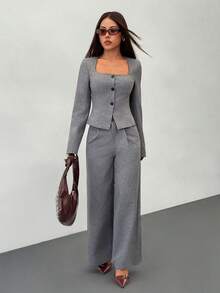 SHEIN PETITE Women's Solid Color Minimalist Daily Wear Long Sleeve Top And Pants Suit In Fall/Winter - Grey - View 4
