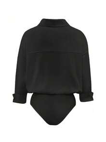 Franclia Petite Women's Spring & Summer New Elegant Casual Black Shirt-Style Bodysuit – Deep V-Neck Loose Long-Sleeve Waist-Tie Design, Y2K-Style Slim-Fit Sexy Top For Work & Dates - Black - View 2