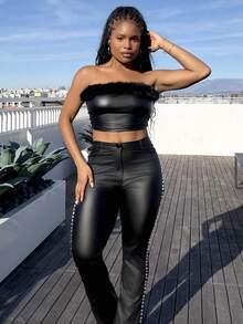 Tyla Gomez Fuzzy Trim PU Leather Tube Going Out Black Top - Black - View 5