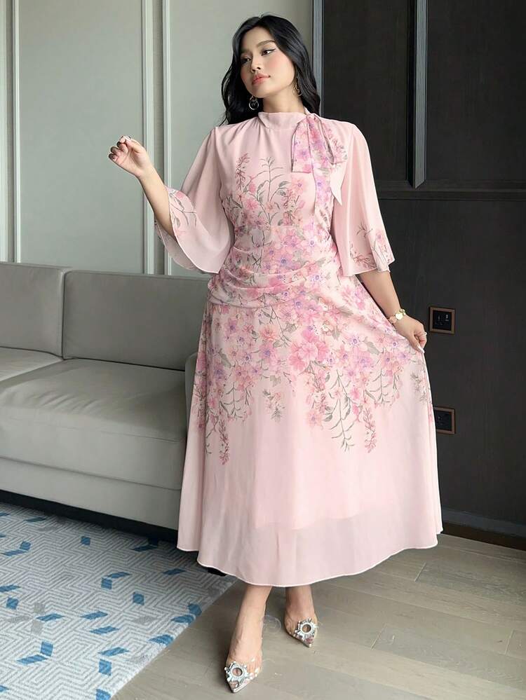 Dazy Plus Plus Size Women Elegant Floral Print Tie Neck Dress Sundress