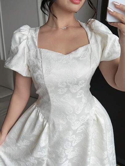 Dazy Plus Plus Size Women Elegant Flared Puff Sleeve Midi Dress With Gathered Waist, Floral Jacquard Collar, Suitable For Party And Spring/Summer