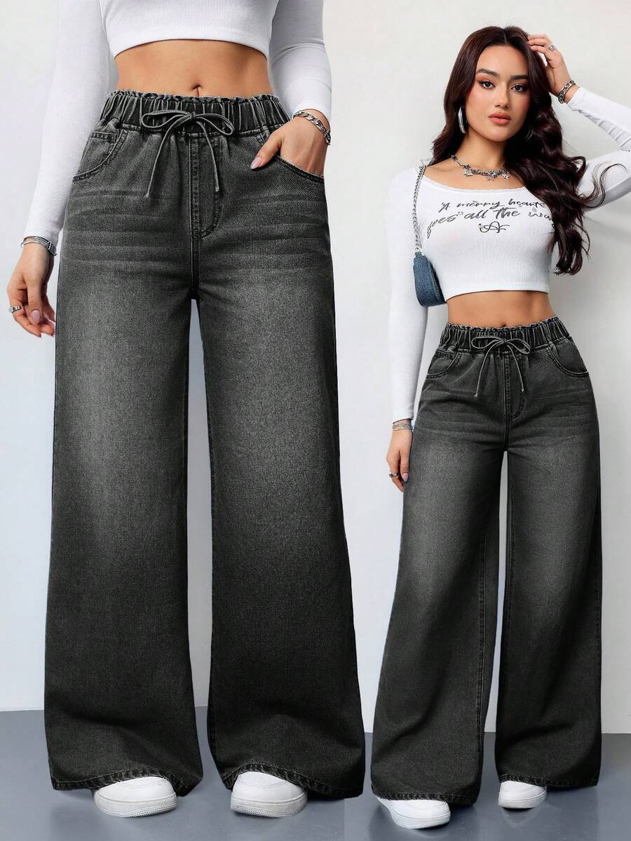 SHEIN Tall Women's Jeans Casual High Waist Wide Leg Trousers Blue Women's Jeans Women's Summer Clothing Elastic Waistband Jeans Jeans Casual Loose Straight Pants Women's Summer Clothing Going Out Clothing Music Festival Clothing Tall Women's - Black - View 1
