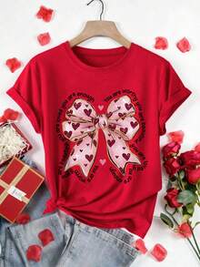 EMERY ROSE Áo thun cỡ lớn in hình trái tim màu hồng có nơ "Bạn xứng đáng được yêu thương" - Phong cách nhẹ nhàng, thoải mái, thường ngày. - Đỏ - Xem 1