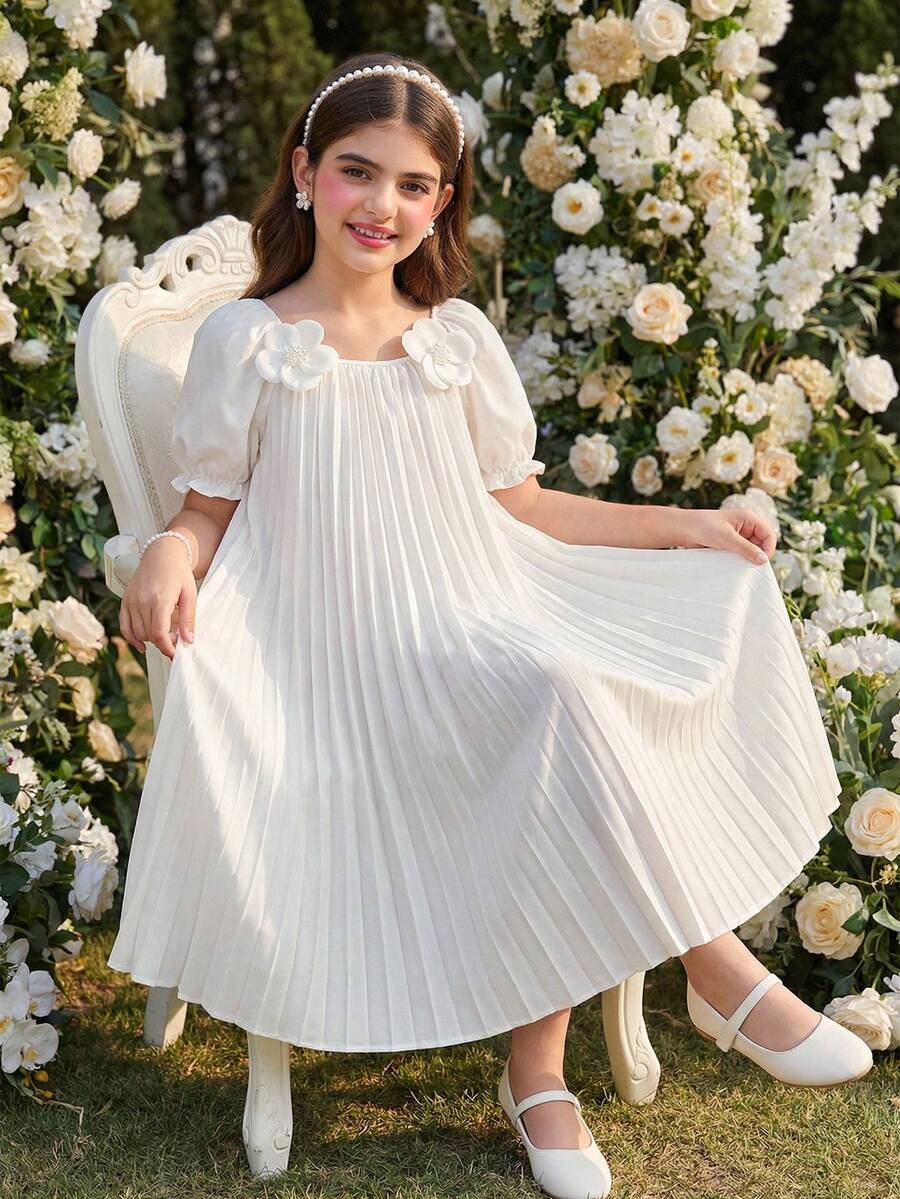 Young Girls' Dreamy Soft Princess Style Dress, Made Of Lightweight Soft Fabric With Short Sleeves, A-Line Silhouette For Easy Movement, Flowing And White Dress, Suitable For Daily Wear, Parties And Leisure Activities, Lightweight For Spring/Summer - White - View 1