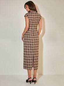 COSMINA Women's Stand Collar Ruched Plaid Fitted Long Dress - Multicolor - View 2