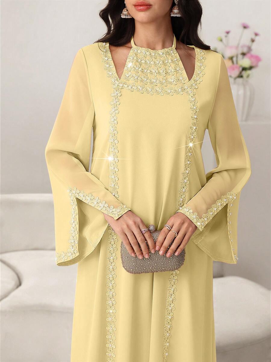 Yasmyna Vestido con cuello de corbata de encaje floral elegante, manga acampanada, primavera/verano