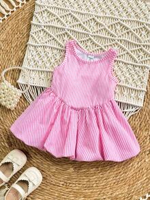 SHEIN Bộ áo liền quần 2 trong 1 kiểu dáng mùa hè dễ thương cho bé gái, phối màu sọc, kiểu dáng sinh viên. - Hồng - Xem 4
