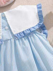 Souflis Souflis 女婴夏季新款可爱彼得潘领蝴蝶结刺绣花边口袋前开襟公主裙，甜美休闲时尚 - 藍色 - 查看 10