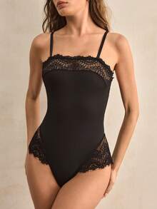 Charlaine 女士蕾丝连体裤，法式风格内衣 - 黑色 - 查看 7