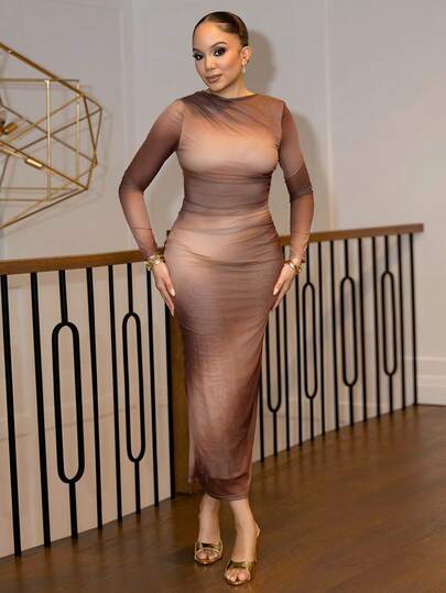 Melissa Matos Vestido largo ajustado de cuello redondo con mangas largas, con estampado de teñido anudado, para otoño e invierno