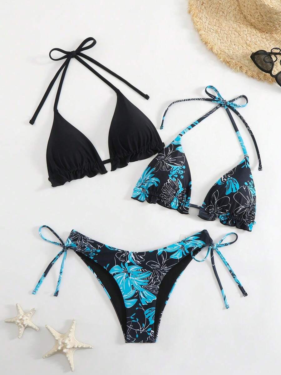 Swim Vcay 3件套/组 挂脖细肩带夏季沙滩比基尼泳装（随机印花）巴西比基尼套装 波西米亚风比基尼套装 三角比基尼套装 泳衣套装 热带风情比基尼套装 - 彩色 - 查看 1