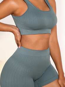 NudeFit 无缝吊带文胸套装，搭配弹力内裤，军绿色，经典麦穗图案内衣 - 軍綠色 - 查看 3