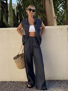 Livesso Women's Casual Denim Jumpsuit With Lapel Collar, Large Pockets And Pants - Blue - View 4