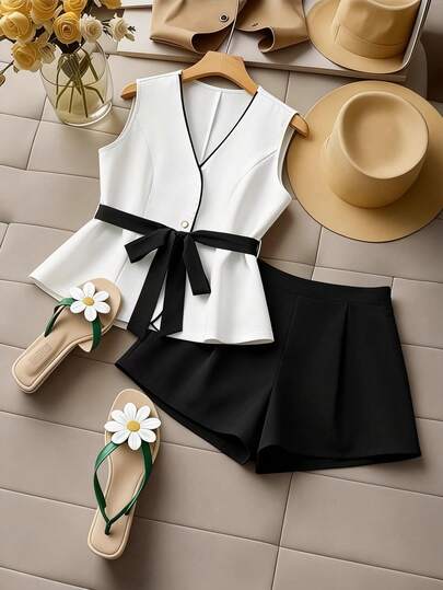 GlowEve CURVE Plus Size Women V-Neck Knotted Waist Design Vest Top And Shorts Suit Set, Suitable For Daily Commute, Outing, Party, And Photo Occasions