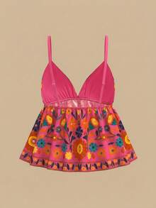 Travachic Women's Summer Vacation Casual Woven Retro Print Camisole Top - Hot Pink - View 2