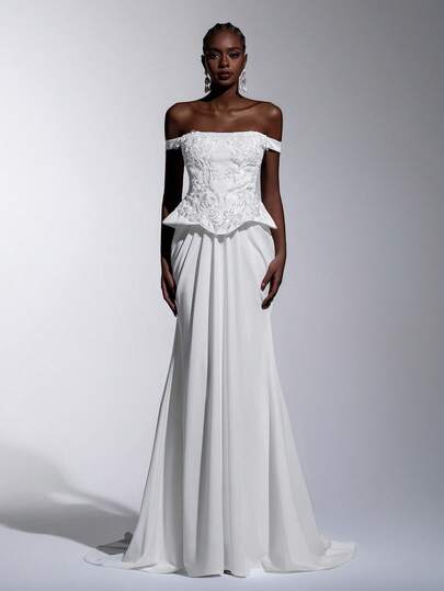 Elitara Elegant Luxury Glamorous Off-Shoulder Beaded Handmade Applique Palace Style Mermaid Tail Train Dress, Suitable For Dates, Weddings, Red Carpet, All Wedding Events, Women's New Year Wedding Gown