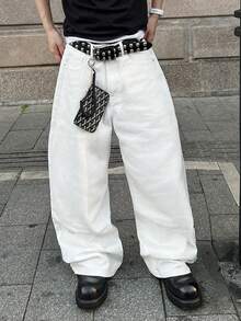 STEELVANCE Men Plus Size Vintage Streetwear Fashion Versatile Embroidered Back Pocket Design Loose Wide Leg Casual Jeans - White - View 6