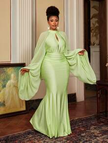 Maweii Plus Size Women's Lime Green High Neck Cape Sleeve Ruched Bodycon Maxi Dress, Elegant Fit For Spring & Summer Wedding Guest & Party Outings - Green - View 1