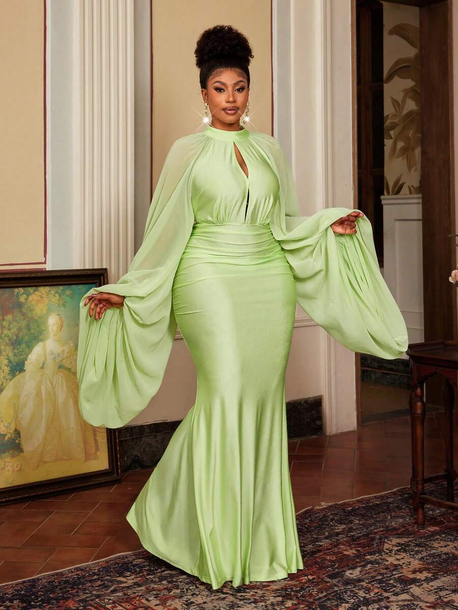 Maweii Plus Size Women's Lime Green High Neck Cape Sleeve Ruched Bodycon Maxi Dress, Elegant Fit For Spring & Summer Wedding Guest & Party Outings - Green - View 1