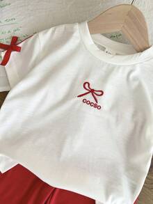 SHEIN 2pcs/Set Baby Girl Casual Street Style Black T-Shirt And Pants Set - Red - View 7