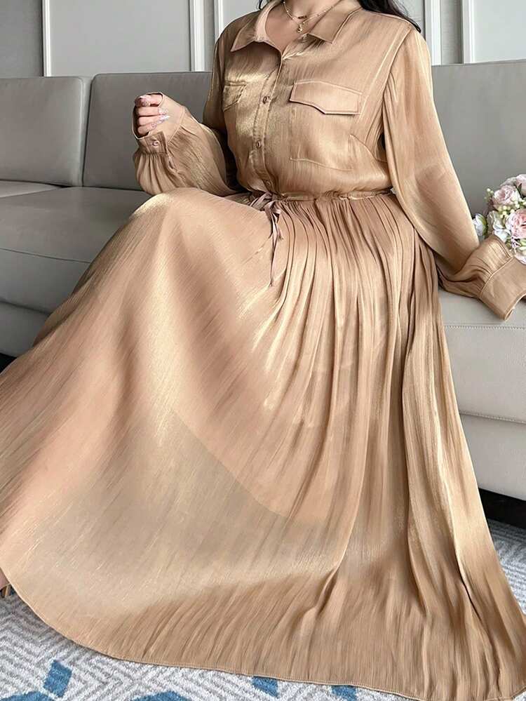 Dazy Plus Plus Size Women Solid Color Shiny Lapel Drawstring Waist Long Sleeve Casual Dress, Spring/Summer Sundress