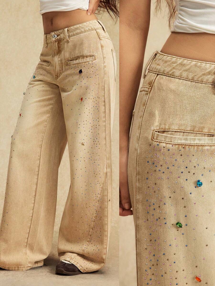 Easelle Quần jeans ống rộng dáng rộng thiết kế gợi cảm dành cho nữ, phong cách thoải mái - Màu Khaki - Xem 1