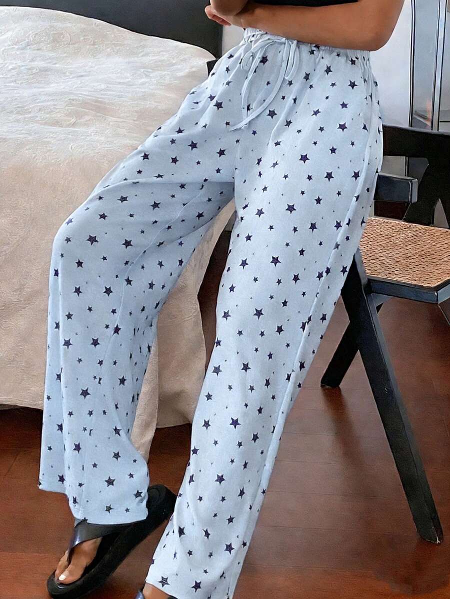 DAZY Pantalones de pijama de pierna recta y holgada con estampado de estrellas para mujer - Azul - Ver 1