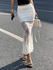 DAZY 女士常规腰线蕾丝拼接半透明优雅性感休闲半身裙 - 白色 - 查看 1