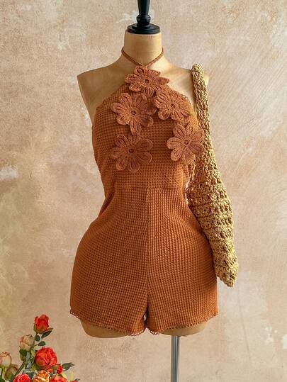 Soleia Plus Size Women's Halter Neck Brown Floral Decor Jumpsuit, Summer,Spring,Valentine's Day,Carnival,Party,Beach,Vacation,Outfits For Women.