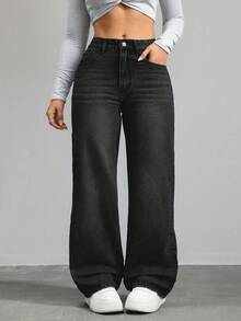 SHEIN CURVE+ 大码女式牛仔蓝色无弹力修身直筒牛仔裤，秋季女装 - 深灰色 - 查看 6