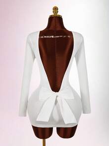 Amplova Women's Backless Bowknot Mini Long Sleeve Dress, Red Sexy Sweater Suitable For Dates, Valentine's Day Parties, Casual Everyday Wear White Bow Dress White Sexy Outfit White Dress Long Sleeve White Club Dress Summer Clothes Women - White - View 3