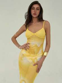 Aloruh Elegant Floral Print Cami Dress, Casual & Party Wear - Pale Yellow - View 5