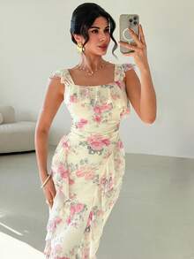 Firerie Women's Elegant Romantic Date Party Wedding Guest Dress, Women Elegant Long Floral Print Dress With Square Neck And Ruffle Details Perfect For Summer,Pink Asymmetric Ruffle Shoulder Long Sleeve Pleated Design Slim Fit Ruffle Hem Dress ,Summer Dress - Pink - View 6