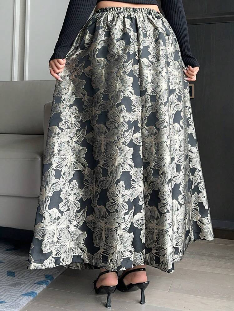 Dazy Plus Floral Print Elastic Waist Elegant Skirt