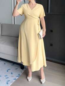 Dazy Plus Plus Size Women Solid Color Wrap V-Neck Short Sleeve Side Knot Elegant Dress Maxi Dress Sundress - Pale Yellow - View 2