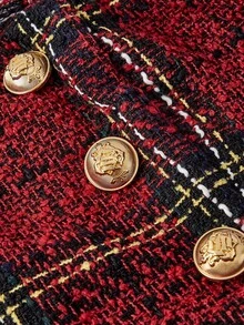 SHEIN MOD 大码女式红黑格子吊带背心和半裙优雅套装，格子套装，粗花呢两件套，红色格子，女士格子套装，欧式套装，女士格子裙套装，贝雷帽套装，野餐套装，欧式女装，红色格子裙 - 紅色 - 查看 4