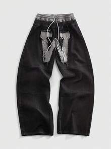 ROMWE MEN Street Life Quần jeans nam phong cách thường ngày, kiểu dáng năng động, thích hợp mặc đi làm, với họa tiết chữ in nổi, cạp chun, dáng rộng, có dây rút. - màu đen - Xem 7