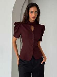 Aloruh 女士优雅高领羊腿袖修身酒红色衬衫 - 酒紅色 - 查看 9