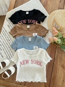 SHEIN Baby Girl Casual Cute Solid Color Knit Short Sleeve Top, Multi-Color,Kids - Multicolor - View 6