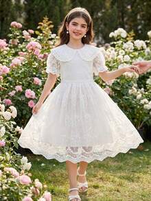 SHEIN 女童优雅可爱公主裙，白色蝴蝶结领口搭配蓝色花卉纹理面料，泡泡袖收腰中长连衣裙，派对迷你裙，优雅小公主 - 白色 - 查看 1