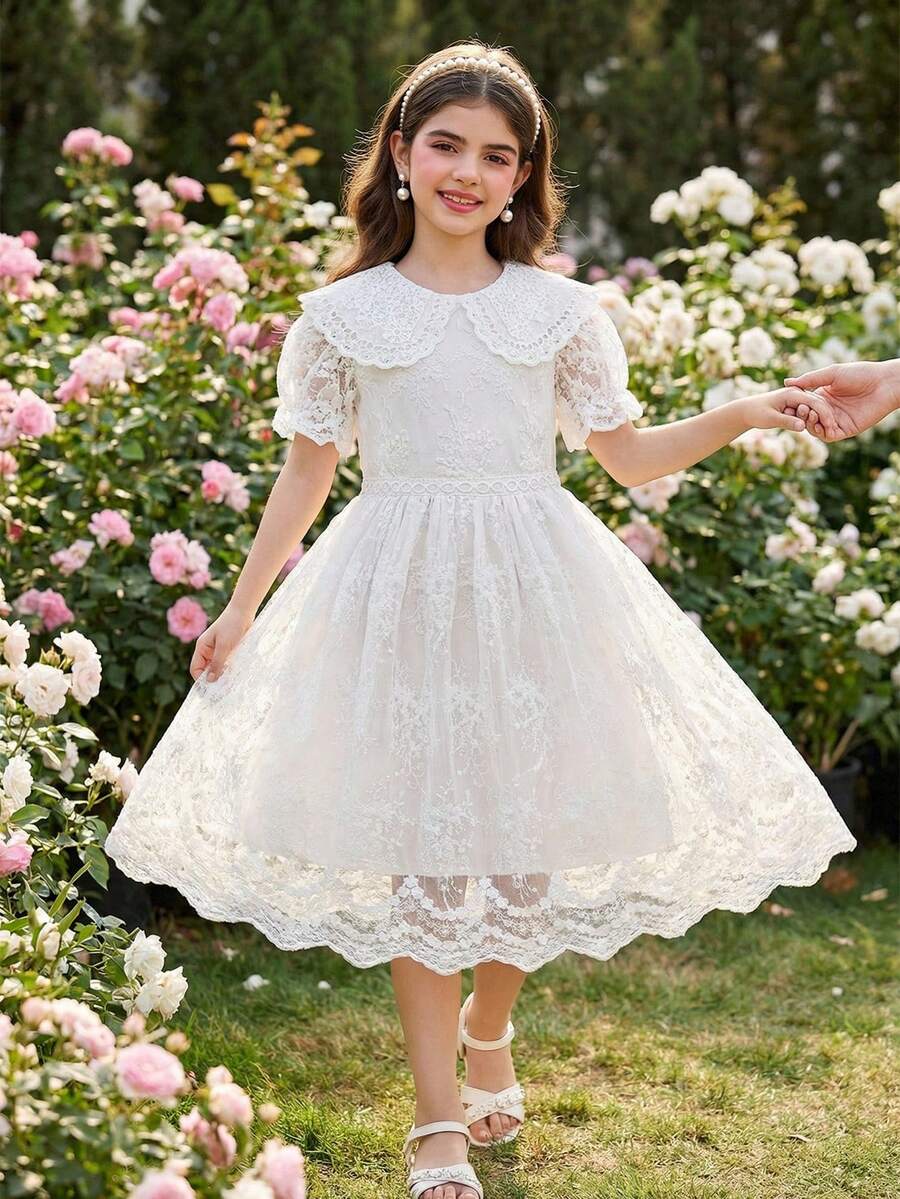 SHEIN 女童优雅可爱公主裙，白色蝴蝶结领口搭配蓝色花卉纹理面料，泡泡袖收腰中长连衣裙，派对迷你裙，优雅小公主 - 白色 - 查看 1